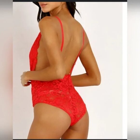 NWT $78 HAH Comin' In HAHt Lace Bodysuit Lingerie Siren Red Plunge V-Neck XS - Picture 3 of 6